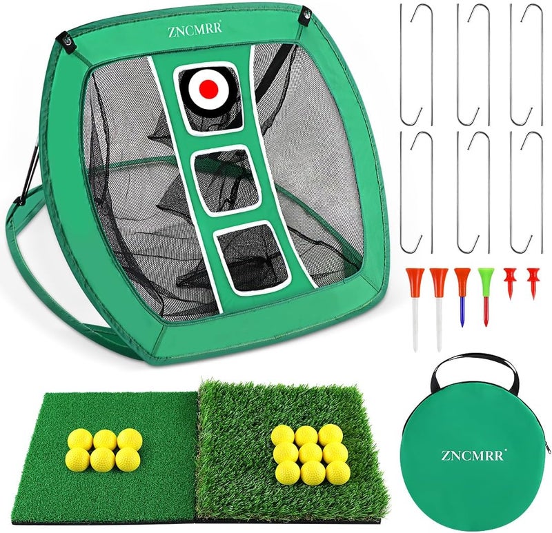 ZNCMRR Pop Up Golf Chipping Net, Indoor/Outdoor Golfing Target Net Collapsible Portable Golf Hitting Net with 15 Training Balls and 2 Hitting Mats for Backyard Driving and Swing - Image 1