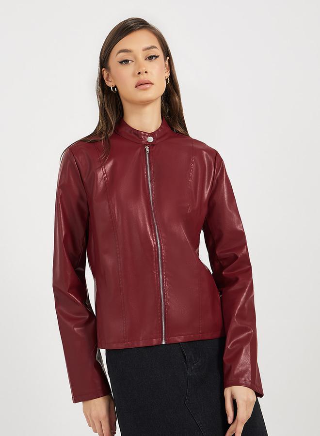 Styli Regular Fit Short Length Leather Look Biker Jacket  - Image 3