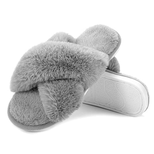 Metog Women's Fuzzy Slippers Cross Band Indoor Outdoor Soft Plush on Open Toe House Shoes, Grey, 7-8 Women - Image 5
