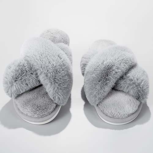 Metog Women's Fuzzy Slippers Cross Band Indoor Outdoor Soft Plush on Open Toe House Shoes, Grey, 7-8 Women - Image 4