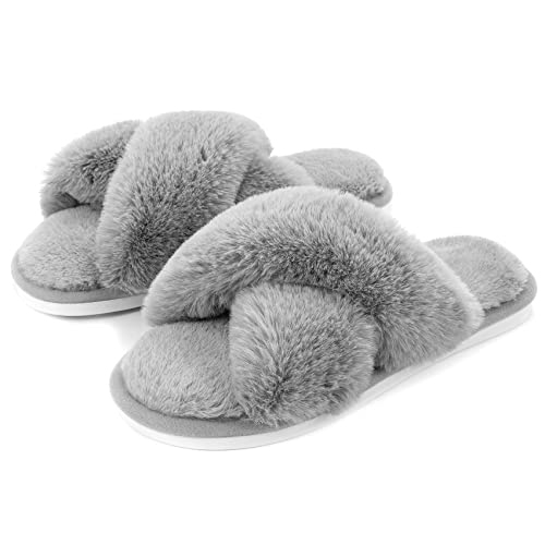Metog Women's Fuzzy Slippers Cross Band Indoor Outdoor Soft Plush on Open Toe House Shoes, Grey, 7-8 Women - Image 1