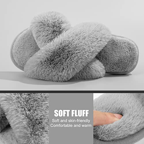 Metog Women's Fuzzy Slippers Cross Band Indoor Outdoor Soft Plush on Open Toe House Shoes, Grey, 7-8 Women - Image 3