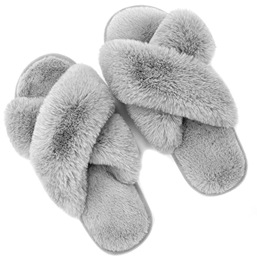 Metog Women's Fuzzy Slippers Cross Band Indoor Outdoor Soft Plush on Open Toe House Shoes, Grey, 7-8 Women - Image 2