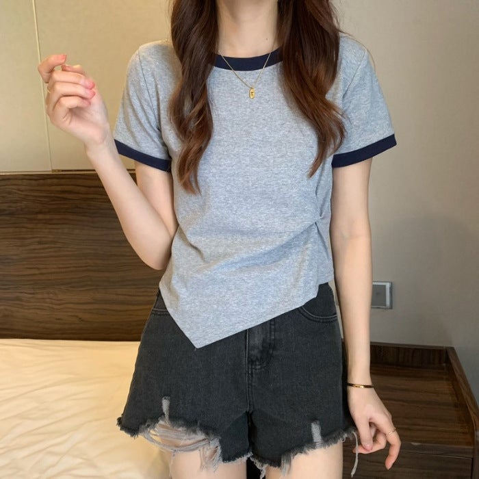 Colorblock Short-Sleeved T-Shirt Women'S Summer Design Colorblock T-Shirt Irregular Casual Slim-Fit Short-Sleeved Top Korean-Style All-Match - Image 1