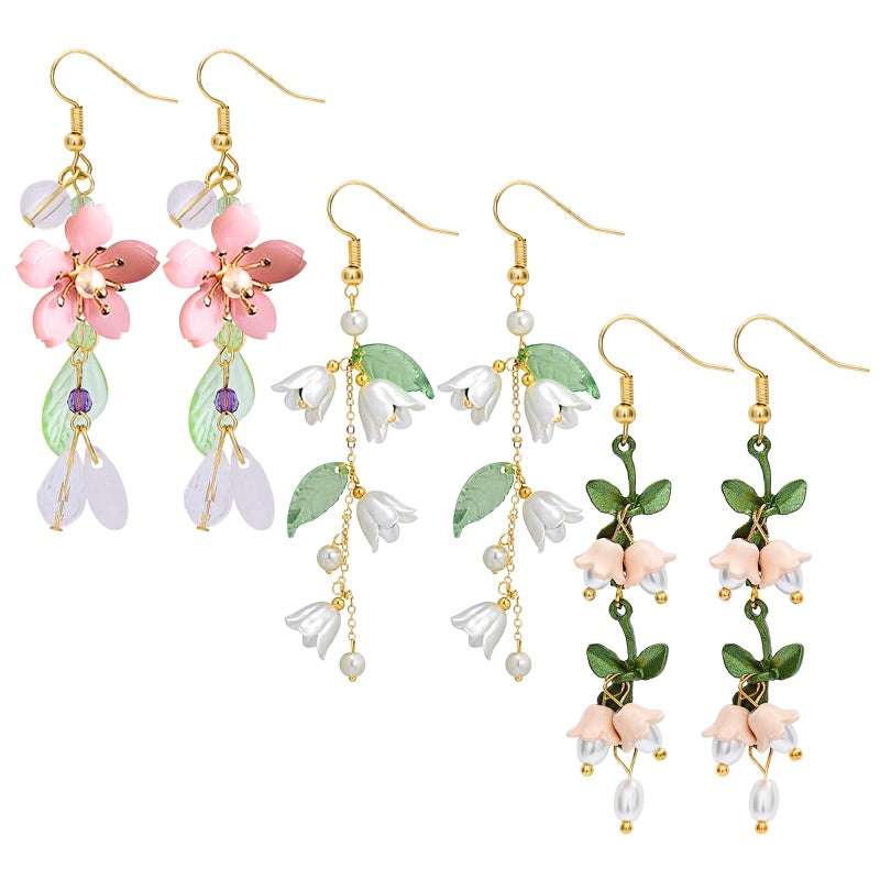NEWITIN 3 Pairs Long Flower Earrings for Women Hypoallergenic Earring Leaf Floral Tassel Earring Statement Flower Dangle Pink Floral Earrings for Women - Image 1