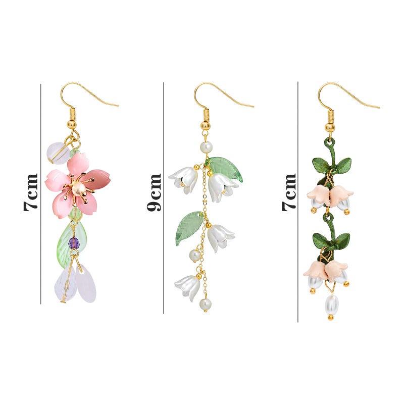 NEWITIN 3 Pairs Long Flower Earrings for Women Hypoallergenic Earring Leaf Floral Tassel Earring Statement Flower Dangle Pink Floral Earrings for Women - Image 2