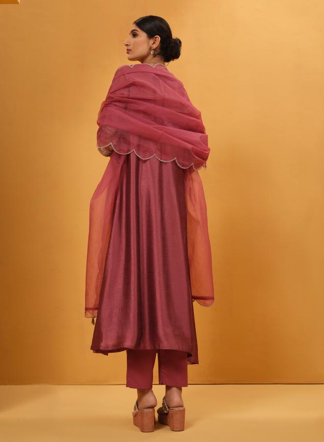 ISHIN Women's Peach Silk Blend Embellished A-Line Kaftan Upperwear Calf Length Palazzo Bottomwear Flowy 3 Peice Kurta Set - Image 2