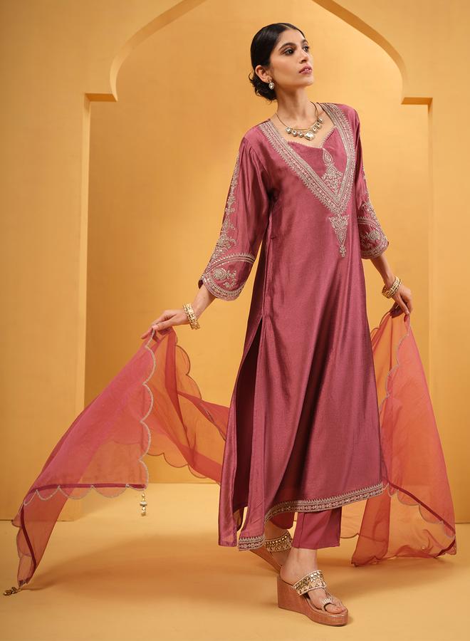 ISHIN Women's Peach Silk Blend Embellished A-Line Kaftan Upperwear Calf Length Palazzo Bottomwear Flowy 3 Peice Kurta Set - Image 1