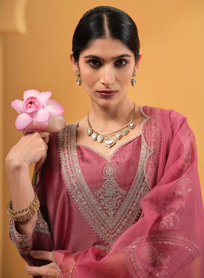 ISHIN Women's Peach Silk Blend Embellished A-Line Kaftan Upperwear Calf Length Palazzo Bottomwear Flowy 3 Peice Kurta Set - Image 5