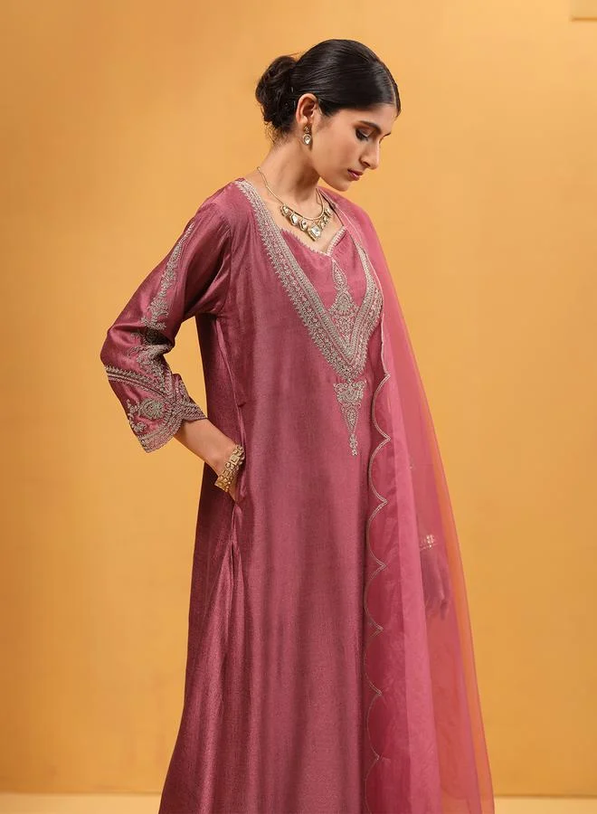 ISHIN Women's Peach Silk Blend Embellished A-Line Kaftan Upperwear Calf Length Palazzo Bottomwear Flowy 3 Peice Kurta Set