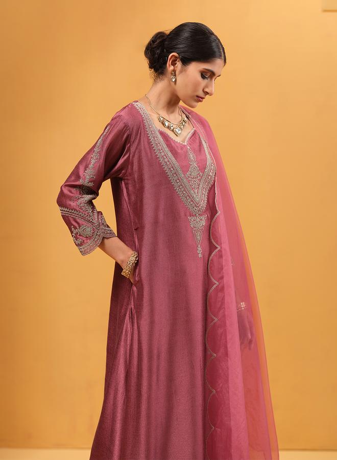 ISHIN Women's Peach Silk Blend Embellished A-Line Kaftan Upperwear Calf Length Palazzo Bottomwear Flowy 3 Peice Kurta Set - Image 3