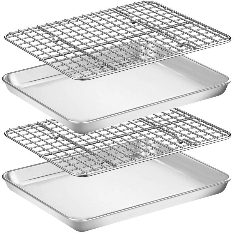 Baking Sheet with Rack Set 2 Pans 2 Racks Wildone Stainless Steel Cookie Sheet Baking Pan Tray with Cooling Rack Size 10 x 8 x 1 Inch Non Toxic Heavy Duty Easy Clean