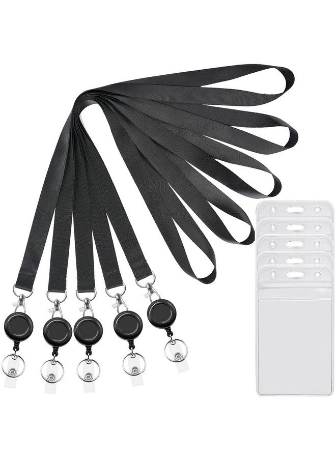 Youowo 5 Pack Black Lanyards Retractable With Id Badges Holder Retractable Badge Reels Lanyard Vertical Lanyard With Id Badge Holder Neck Lanyard For Keys Card Holder - Image 1
