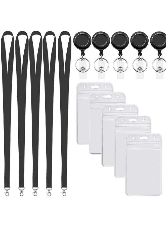 Youowo 5 Pack Black Lanyards Retractable With Id Badges Holder Retractable Badge Reels Lanyard Vertical Lanyard With Id Badge Holder Neck Lanyard For Keys Card Holder - Image 2
