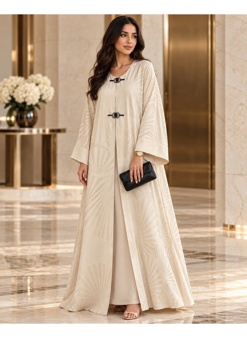 KAVALEE Women's Cream Sunburst Open Abaya with Black Crystal Clasp Detail - Image 4