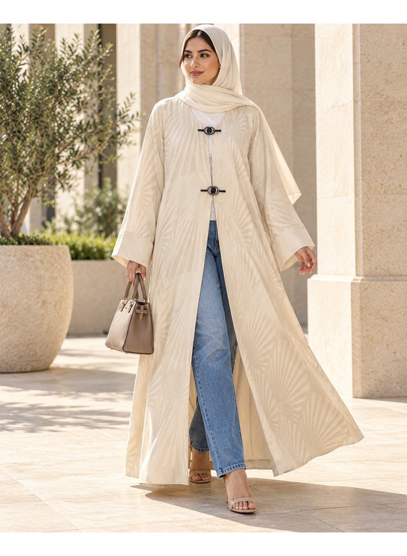 KAVALEE Women's Cream Sunburst Open Abaya with Black Crystal Clasp Detail - Image 2