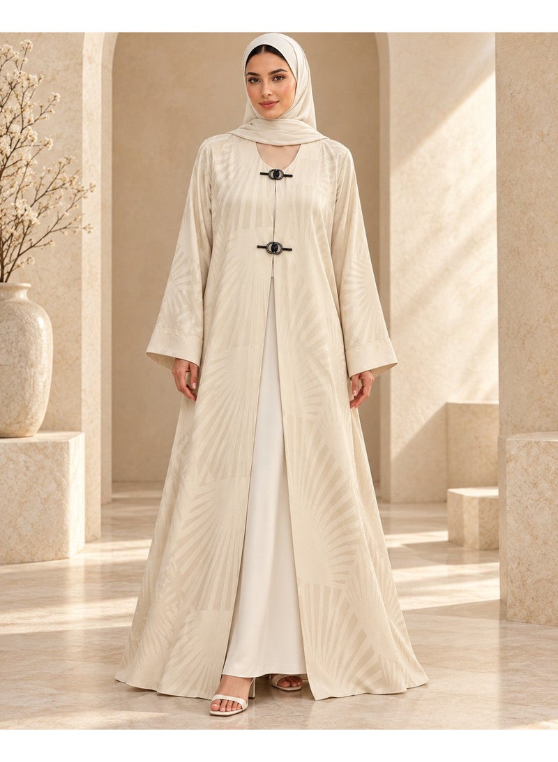 KAVALEE Women's Cream Sunburst Open Abaya with Black Crystal Clasp Detail - Image 1