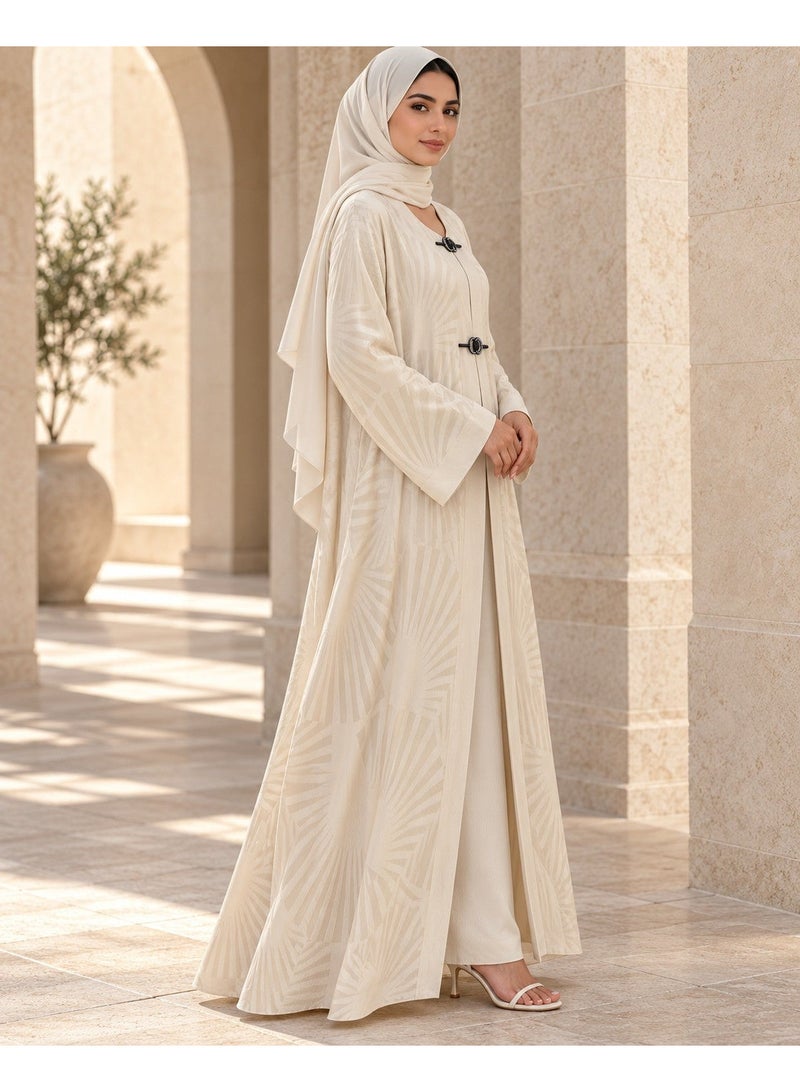 KAVALEE Women's Cream Sunburst Open Abaya with Black Crystal Clasp Detail - Image 3