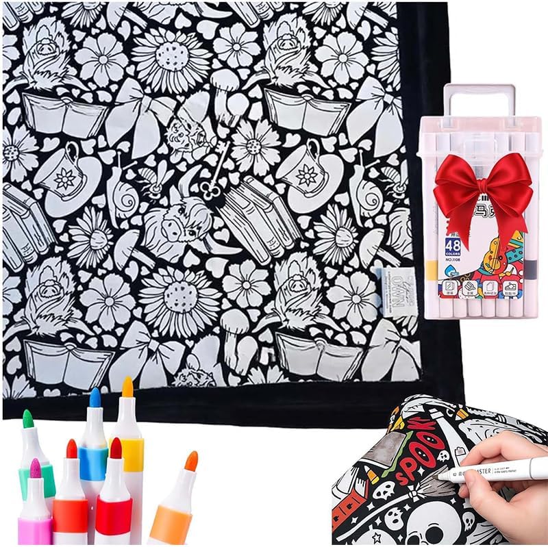 FIENZA DIY Coloring Blanket for Adults - Customizable Velvet Blanket with 12  Markers - Image 1