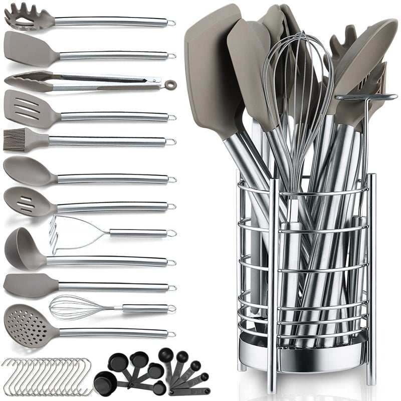 Berglander 38Piece NonStick Silicone Cooking Utensils Set Kitchen Tools Set Stainless Steel Utensil Holder Dishwasher Safe