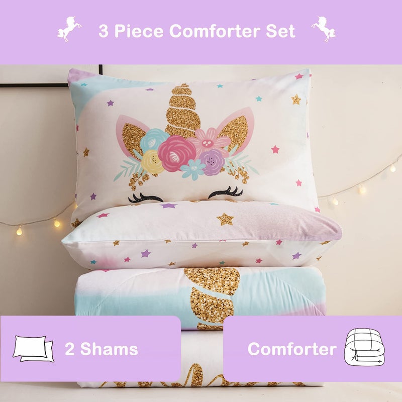 Cokouchyi Cokouchyi Twin Size Comforter Set for Girls, 3-Piece Twin Bed in a Bag, 3D Colorful Unicorn Bedding Comforter Sheet Set, Ultra Soft and Fluffy, Pink & Rainbow Color  - Image 4