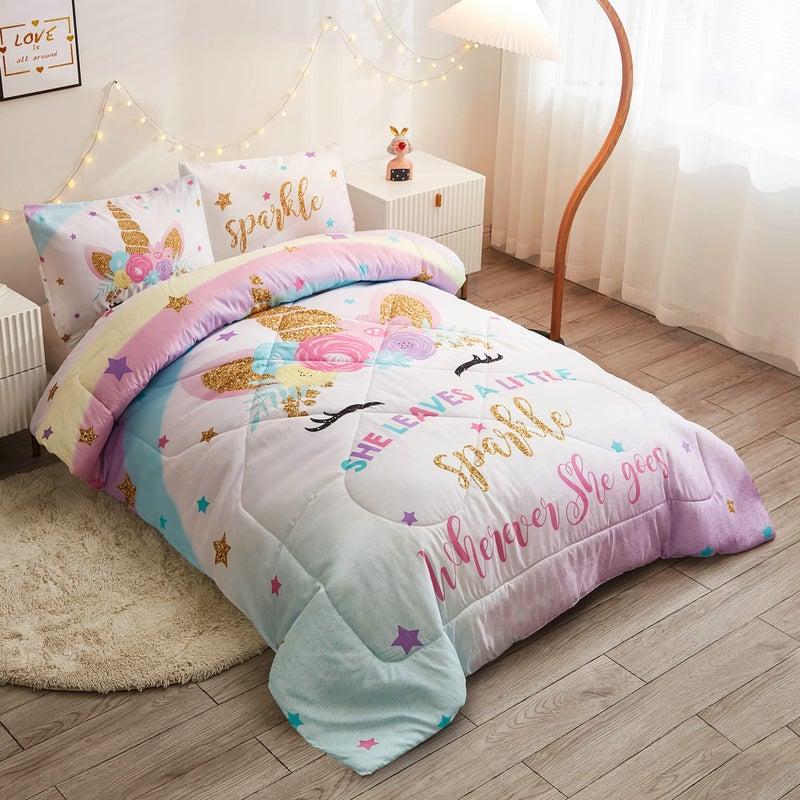 Cokouchyi Cokouchyi Twin Size Comforter Set for Girls, 3-Piece Twin Bed in a Bag, 3D Colorful Unicorn Bedding Comforter Sheet Set, Ultra Soft and Fluffy, Pink & Rainbow Color  - Image 3