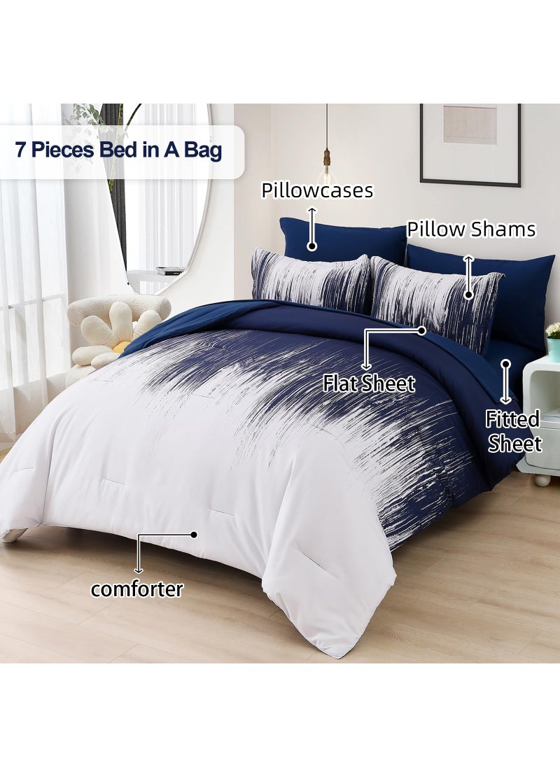 Dinjoy Dinjoy Ombre Blue Comforter Set Full Size Gradient Navy Blue White Boho Bedding Set for Teen Men Women 7 Pieces Bed in A Bag Bohemian Bed Set with Comforter  Sheets  Pillowcases & Shams  - Image 2