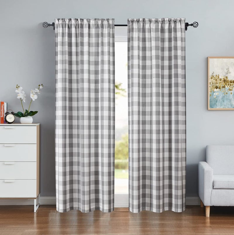 Bapawfish Gingham Plaid Buffalo Checkered Window Curtain Panels 95 inch Length  Farmhouse Rustic Basic Rod Pocket Window Treatment  for Bedroom & Living Room  2 Panels 40""x95""  Gray - Image 1