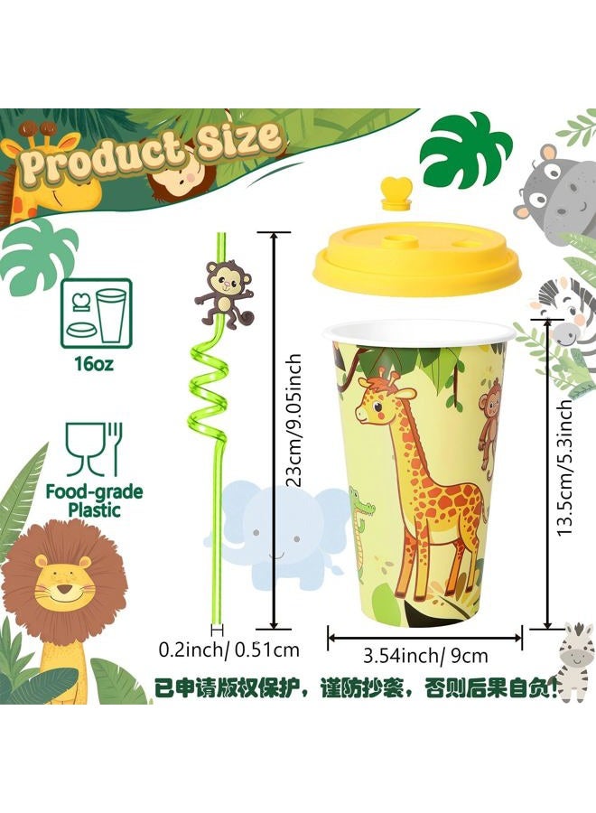 Lidmada 24 Sets Jungle Animal Party Favors Goodie Cups with Lids and Safari Animal Straws for Birthday Decorations, Plastic Cups Silly Straws for Party Bags Gift Pinata - Image 3