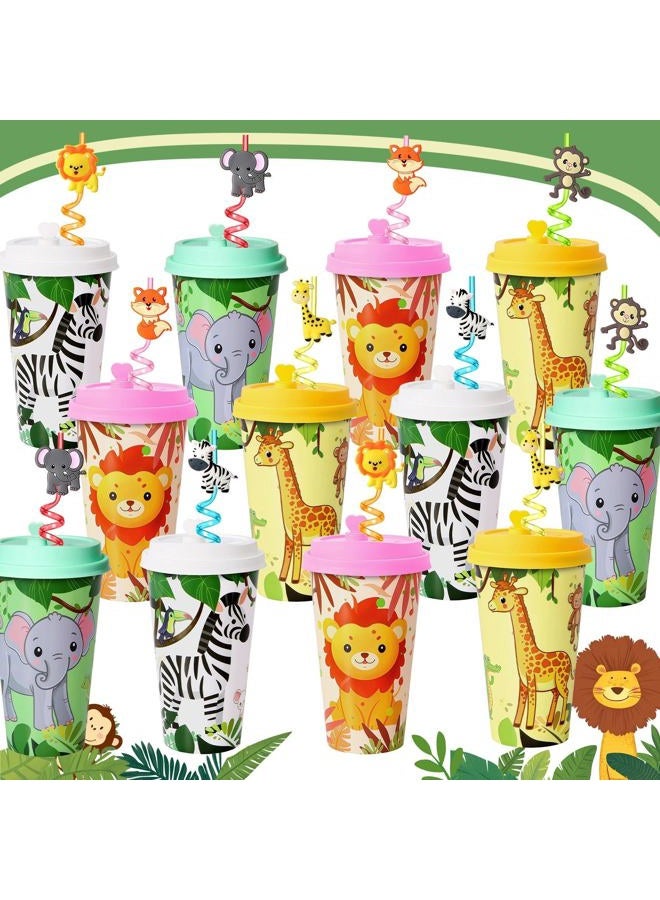 Lidmada 24 Sets Jungle Animal Party Favors Goodie Cups with Lids and Safari Animal Straws for Birthday Decorations, Plastic Cups Silly Straws for Party Bags Gift Pinata - Image 1