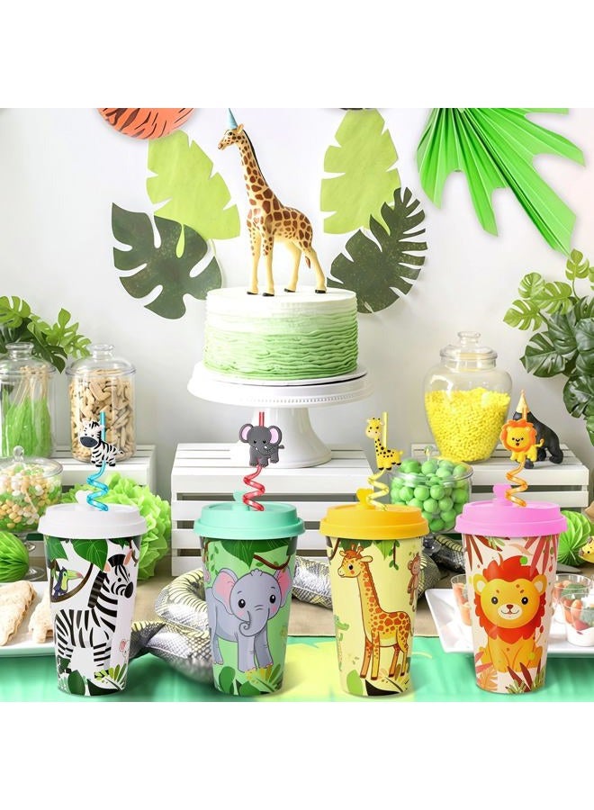 Lidmada 24 Sets Jungle Animal Party Favors Goodie Cups with Lids and Safari Animal Straws for Birthday Decorations, Plastic Cups Silly Straws for Party Bags Gift Pinata - Image 2