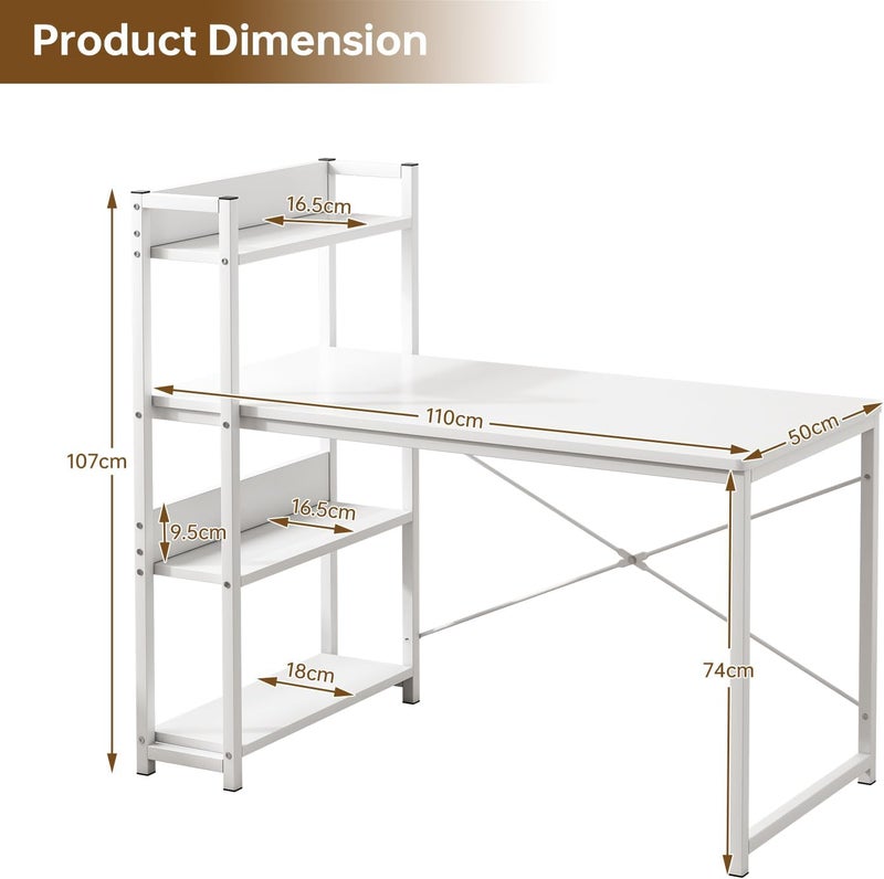 JANTENS Office Table for home office,4-layer Bookshelf Storage Study Desk Reversible Storage Layer, Computer desk for workstation (White, 110 * 50cm) - Image 2
