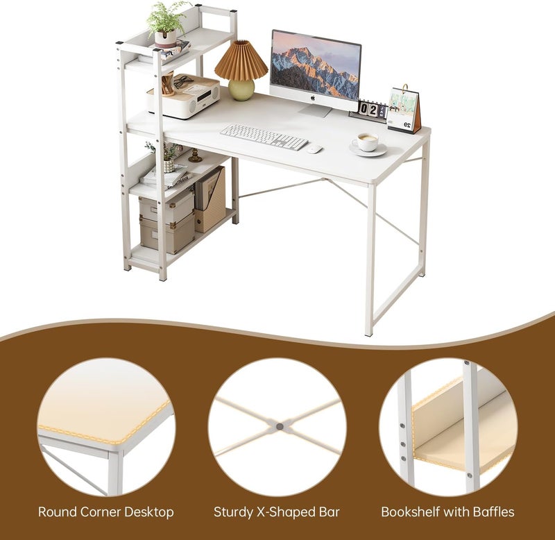 JANTENS Office Table for home office,4-layer Bookshelf Storage Study Desk Reversible Storage Layer, Computer desk for workstation (White, 110 * 50cm) - Image 3