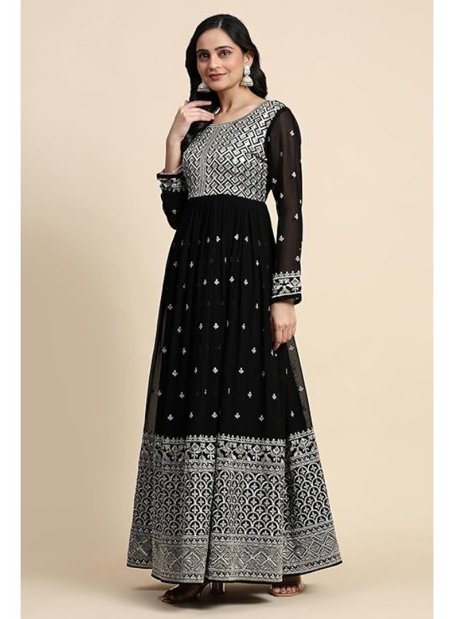 TRENDMALLS M طقم بدلة نسائية من قماش جورجيت مطرز بالترتر، يتكون من بنطال أناركالي كورتا مع شال (دوباتا) - Image 3