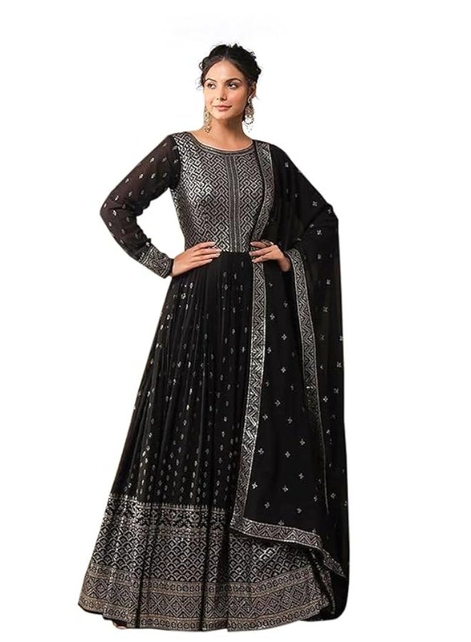 TRENDMALLS M طقم بدلة نسائية من قماش جورجيت مطرز بالترتر، يتكون من بنطال أناركالي كورتا مع شال (دوباتا) - Image 1