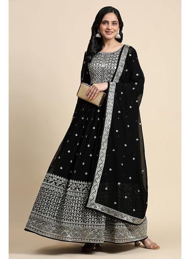 TRENDMALLS M طقم بدلة نسائية من قماش جورجيت مطرز بالترتر، يتكون من بنطال أناركالي كورتا مع شال (دوباتا) - Image 2