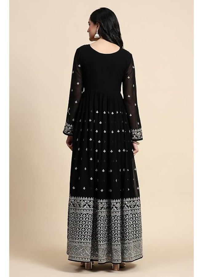 TRENDMALLS M طقم بدلة نسائية من قماش جورجيت مطرز بالترتر، يتكون من بنطال أناركالي كورتا مع شال (دوباتا) - Image 4