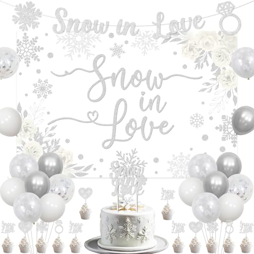 Balterever Snow In Love Bridal Shower Decorations Silver Winter Bridal Shower Decorations with Snow In Love Banner Backdrop Cake Topper for Winter Wedding Engagement Party Supplies - Image 1