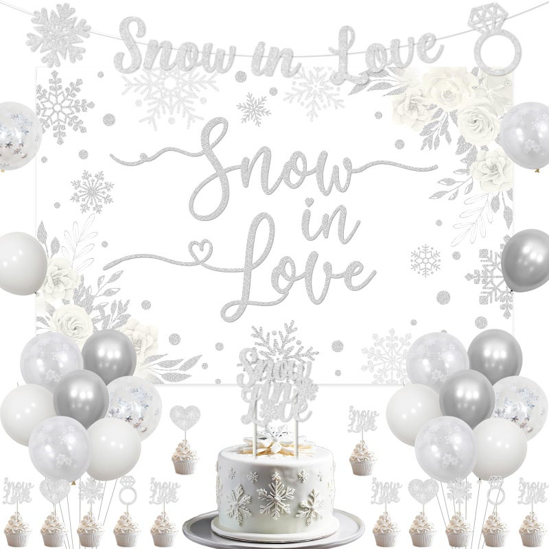Balterever Snow In Love Bridal Shower Decorations Silver Winter Bridal Shower Decorations with Snow In Love Banner Backdrop Cake Topper for Winter Wedding Engagement Party Supplies - Image 3