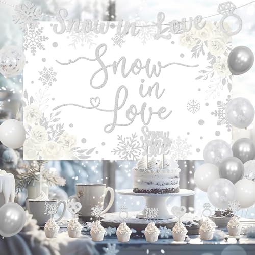 Balterever Snow In Love Bridal Shower Decorations Silver Winter Bridal Shower Decorations with Snow In Love Banner Backdrop Cake Topper for Winter Wedding Engagement Party Supplies - Image 5