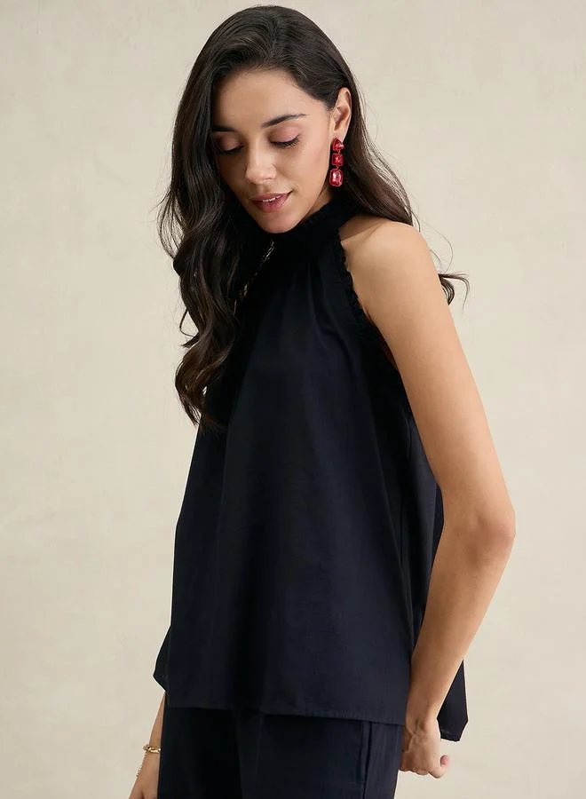 Femmella  Black Cotton Halter Neck Top for Women | Best Price UAE