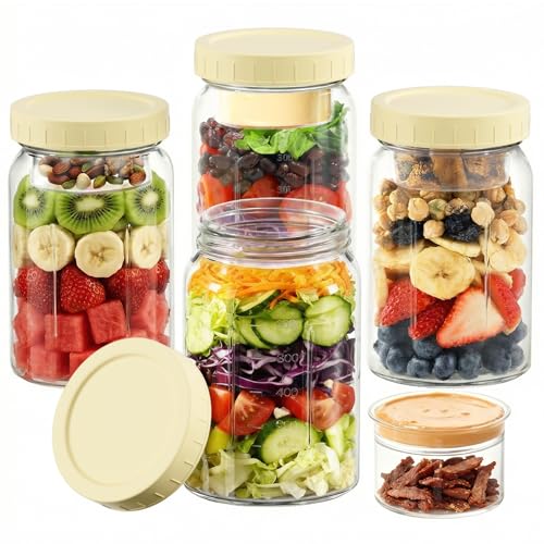 Yirilan 4 Pack Salad Jars with Dressing Container -32OZ Glass Salad Leakproof container for Fresh Lunch with 2 Built-In Compartments for Wet/Dry Separation, Mason Jar Salad Containers - Image 1