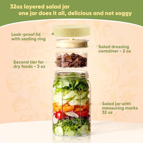 Yirilan 4 Pack Salad Jars with Dressing Container -32OZ Glass Salad Leakproof container for Fresh Lunch with 2 Built-In Compartments for Wet/Dry Separation, Mason Jar Salad Containers - Image 2