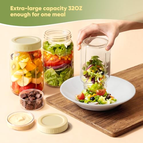 Yirilan 4 Pack Salad Jars with Dressing Container -32OZ Glass Salad Leakproof container for Fresh Lunch with 2 Built-In Compartments for Wet/Dry Separation, Mason Jar Salad Containers - Image 3