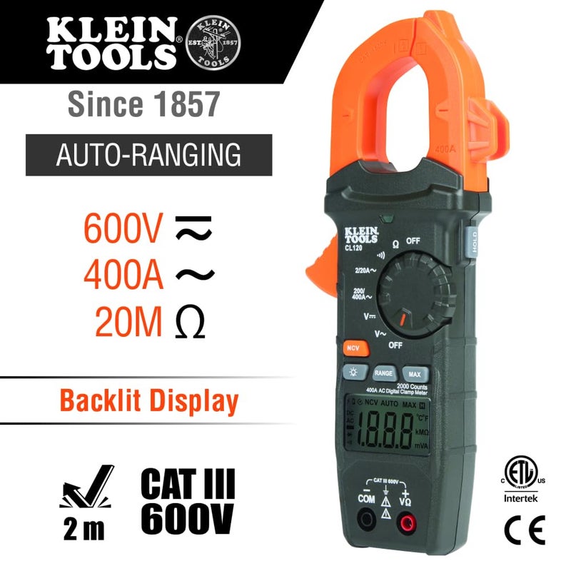 Klein Tools CL120 Digital Clamp Meter, Auto-Ranging 400 Amp AC, AC/DC Voltage, Resistance, Continuity, Non-Contact Voltage Tester Detection - Image 2