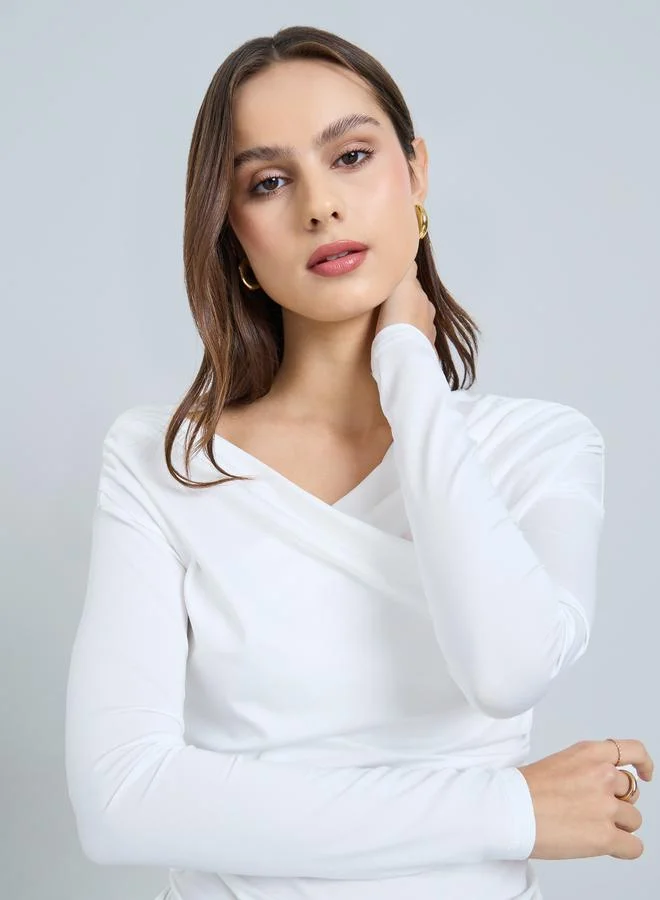 Take Two White Long Sleeve Wrap Top