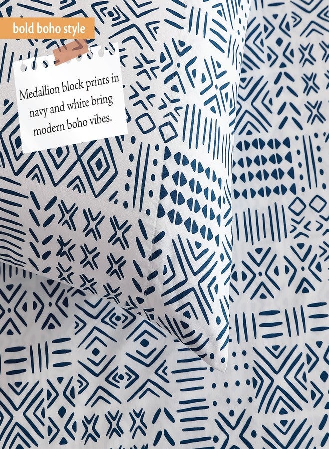 Indigo Ink ملاءات سرير مزدوجة من إنديجو إنك، ناعمة ومقاومة للتجاعيد، طقم مفروشات من 3 قطع، ديكور هندسي بوهيمي، أساسيات غرفة النوم (مجموعة الدنيم الأبيض، مفرد) - Image 4