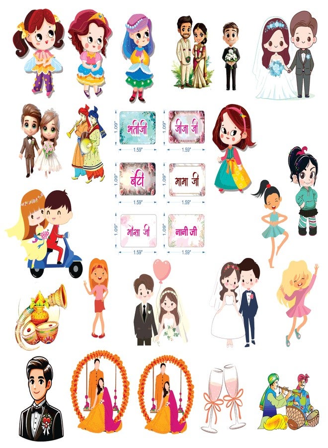 Creative Props Wedding Gift & Family Stickers Set - 96 Relative Name Labels with Animated Cut-Outs | Decorative Shagun Stickers for Saree Packing, Gift Hampers & Wedding Tray Decoration - Image 1