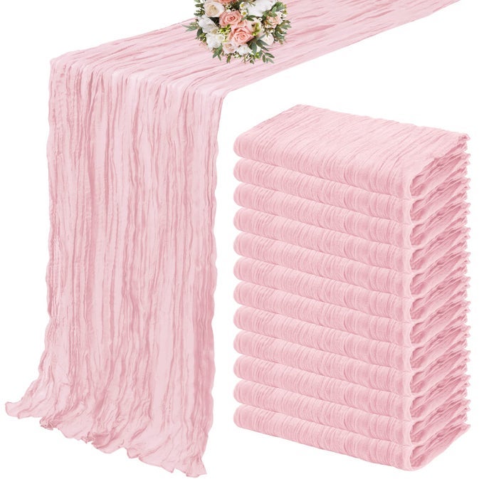 12 PACK CHEESECLOTH TABLE RUNNER 35 X 120 INCH LONG BOHO CHEESE CLOTH GAUZE TABLE RUNNERS SEMI SHEER TABLE RUNNER FOR WEDDING DECOR BRIDAL SHOWER BIRTHDAY PARTY LIGHT PINK