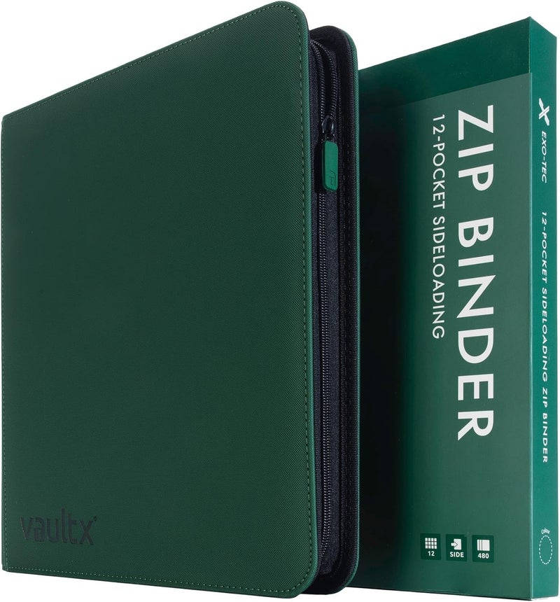 12 Pocket Trading Card Zip Binder - 480 cards, Premium Exo-Tec Album Material, 20 Side-Loading Pages, Folder for Collectible Card Games, Sports, TCG (Green)